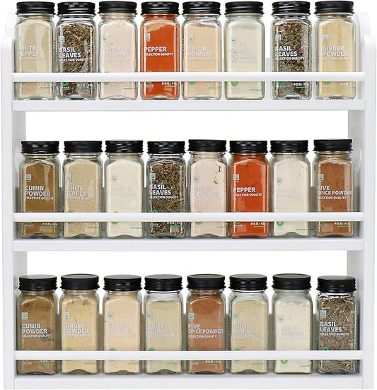 3 Tier Bamboo Spice Rack, Spice Rack Organizer, Seasoning Jars Rack Shelf Spice Organizer for Kitchen Counter or Wall Mounting, Spice Storage Holder with handles, Jars Not Included, White