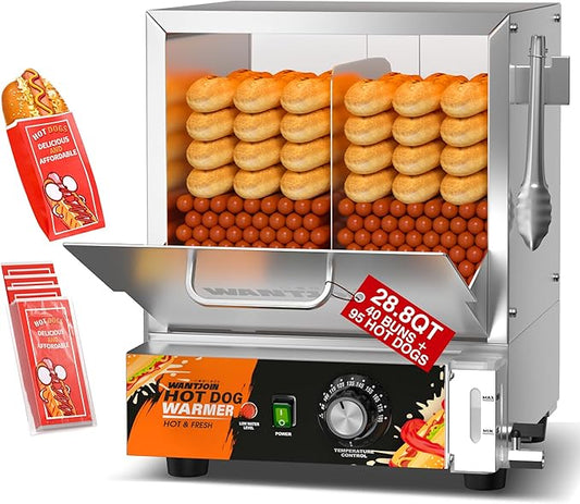 WantJoin Hot Dog Steamer Machine - 28.8QT Commercial Electric Stainless Steel Hotdog Machine with Bun Warmer Tempered Glass Steamer Machine for 160-175 Sausages and 30-40 Buns