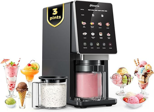 Alcarin Ice Cream Maker with 3 Pints(Not Freezer) Homemade Slushie Gelato Yogurt Sorbet Frozen Treat Machine 10 Pre-set Program Respin & Mix-in