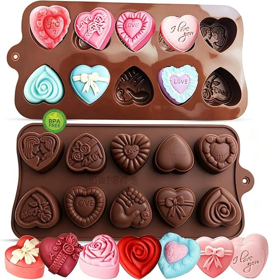 2 Pack 10-Design Love Rose Heart Silicone Molds Non-Stick Food Grade Easy Release for Chocolate Candy Gummy Ice Cubes Soap Perfect for Valentine's Day DIY Gifting