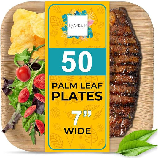 100% Natural 7” Palm Leaf Square Plate (50 pack), Compostable & Biodegradable Dinnerware for Catering, Birthdays, Halloween, BBQs, Thanksgiving, Alternative to Paper & Bamboo Plates Disposable