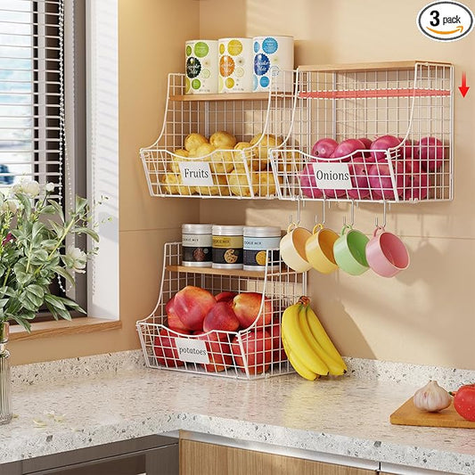 3 Pack Hanging Fruit Basket for Kitchen with Wood Lid - Onion and Potato Storage Fruit Bowl with Nameplate for Counter&Wall Mounted, Stackable Storage Basket,11.81 * 8.66 * 10.63inch
