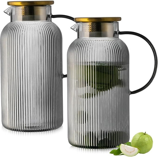 Buaic 2 PACK Glass Pitcher with Lid, 68 oz/ 2 Liter Gray Classic Vertical Stripes Water Pitcher,Glass Water Carafe for Cold Brew, Coffee, Lemonade, Iced Tea,Beverage, Heat Resistant Water Glass Jug