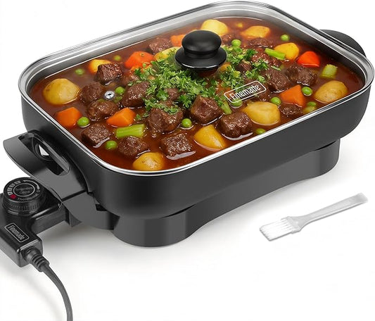 FineMade Family Size Electric Skillet with Lid, XL Electric Skillet, Deep Skillet, Temperature Control, Square 15 x 11.5 Inch Ceramic Nonstick Interior, Graphite