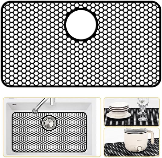 Bestjing Silicone Sink Protectors for Kitchen Sink with Rear Drain - 26"x 14" Kitchen Protector Accessory, Non-Slip Heat Resistant Grid Mat for Bottom of Farmhous Stainless Steel (Rear Hole, Black)