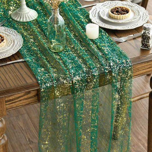 Artoid Mode 3PCS Green Gold Gauze Table Runner 120 Inch 10FT, Glitter Metallic Foil Sheer Dining Wedding Anniversary Holiday Table Decor for Home Party