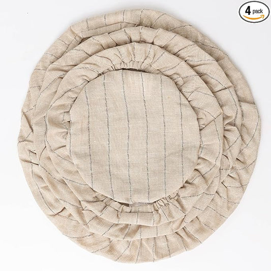 100% Linen Stripe Bowl Covers Reusable For Bread Proofing, 4 Pcs Elastic Cloth Fabric Bowl Covers, 5.9 * 7.9 * 9.8 * 11.8 Inches, Linen