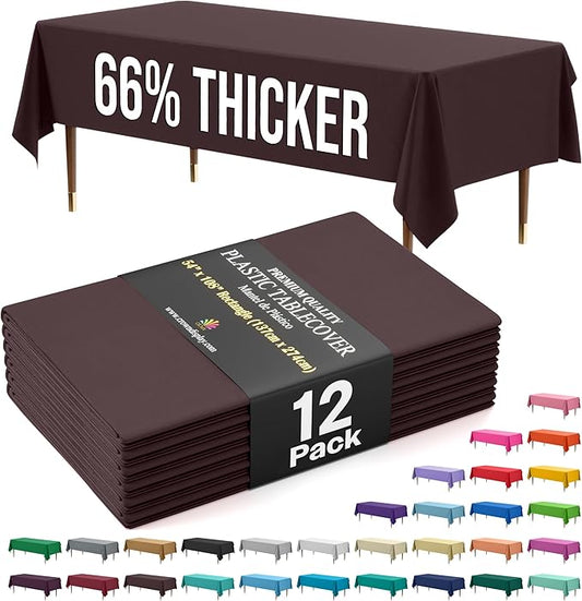 Exquisite 66% Thicker Premium Plastic Table Cloth Rectangle Table Cover 0.5 Mil 12 Pack Brown Table Cloth 54 Inch x 108 Inch Disposable Tablecloth Won't Tear Easily Like Cheap Thin Brands