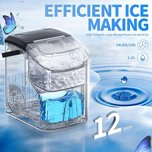 Nugget Countertop Ice Maker with Soft Chewable Pellet Ice, Pebble Portable Ice Machine, 34lbs Per Day, Self-Cleaning, Sonic Ice, One-Click Operation, for Kitchen,Office Stainless Steel Black