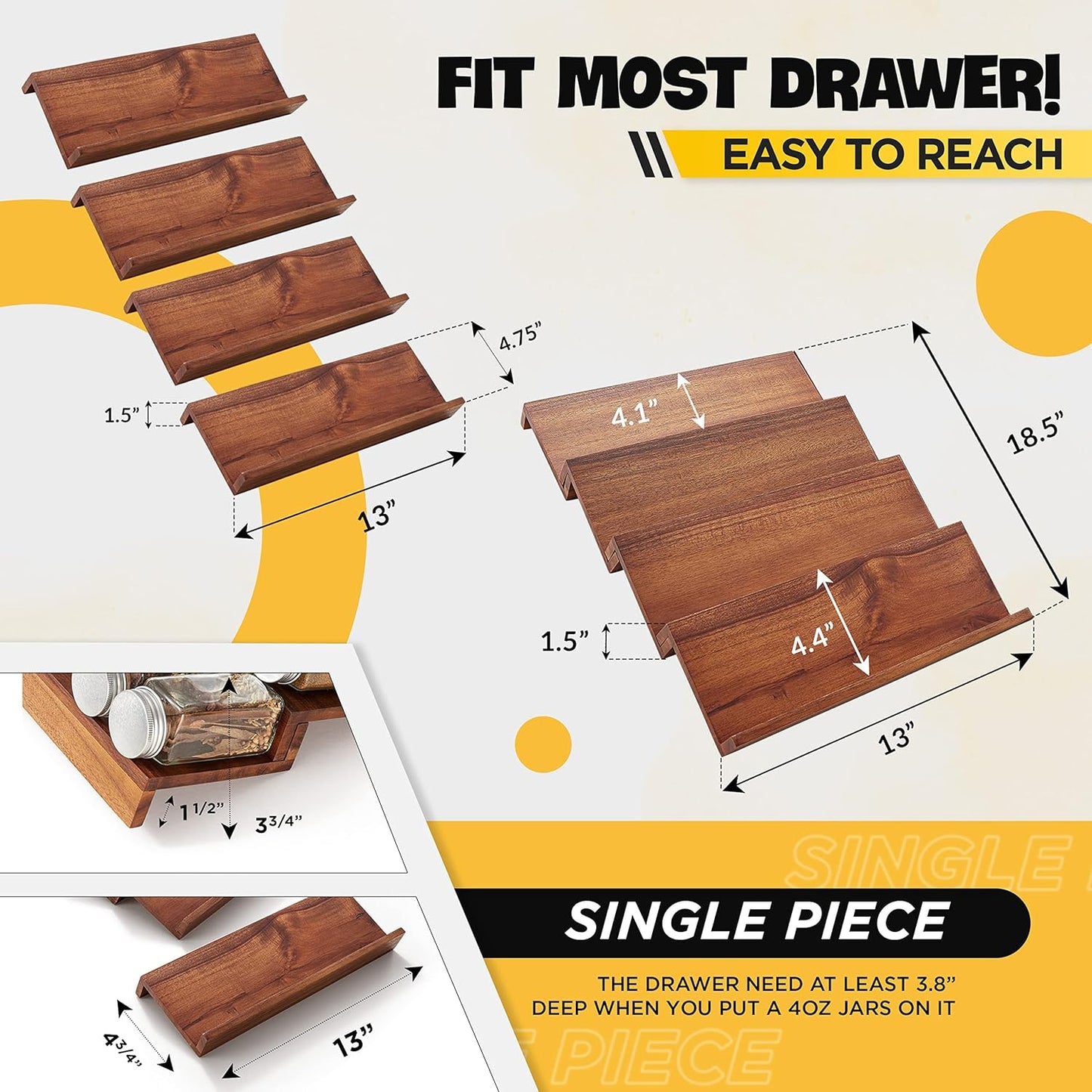 Tinamo Wood Spice Drawer Organizer - Acacia Wooden Tray Spice Racks Organizer for Cabinet Storage Shelf - 4 Tier Spice Rack for Drawer 32 Jars (Pack 4)