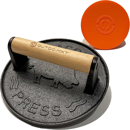 Cast Iron 7" Smash Burger Press,Heavy Duty 2.5lb Burger Smasher with Wood Handle and Silicone Protective Cover for Griddle,Grill Press for Hamburger, Bacon, Steak, Barbecue Grilling Tool