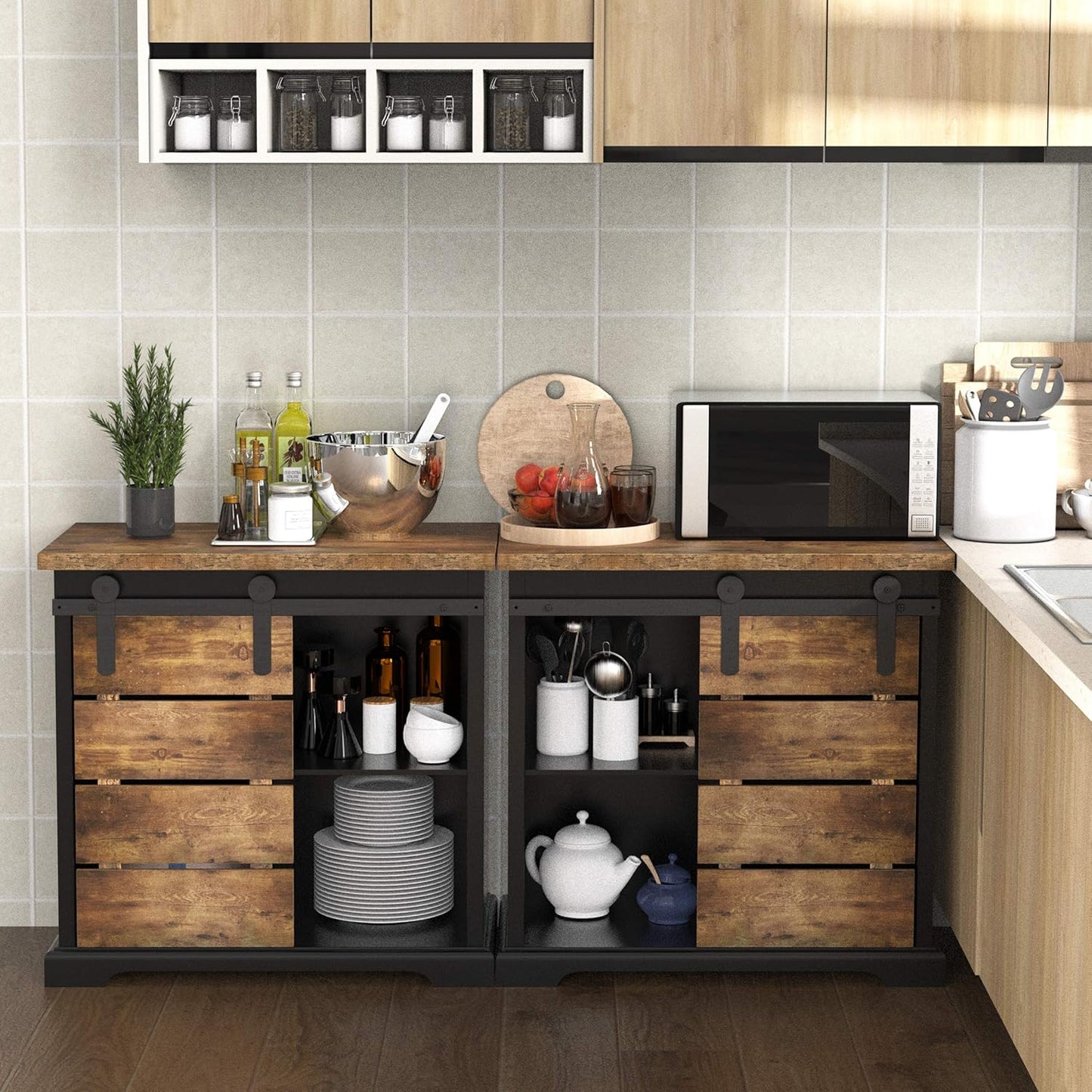 NSdirect Sideboard Coffee Bar Cabinet,Modern Farmhouse Buffet Station Sliding Barn Door Storage Credenza Console with Slat and Shelf Entryway Storage Cabinet Kitchen Dining Living Room, Black