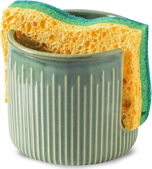 Ceramic Sponge Holder for Kitchen Sink, Scrub Sponge Dish Rack, Farmhouse Compact Sink Caddy Organizer, Glazed Green