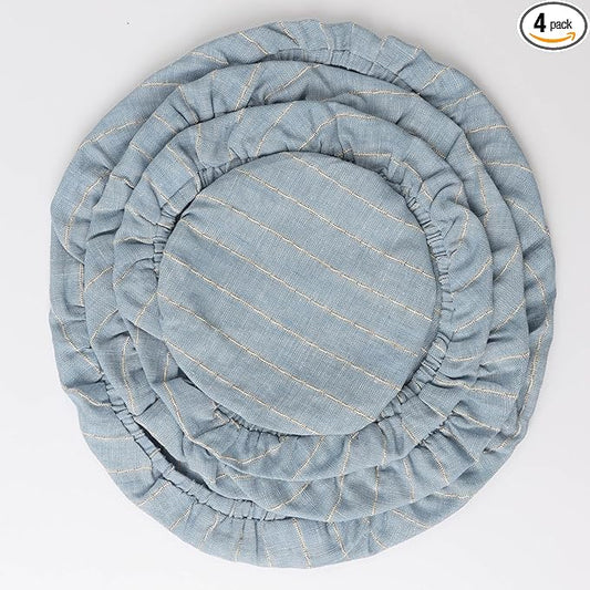 100% Linen Stripe Bowl Covers Reusable For Bread Proofing, 4 Pcs Elastic Cloth Fabric Bowl Covers, 5.9 * 7.9 * 9.8 * 11.8 Inches, Blue