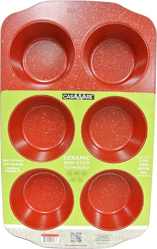casaWare Jumbo Muffin Pan 6 Cup Ceramic Coated Non-Stick (Red Granite)