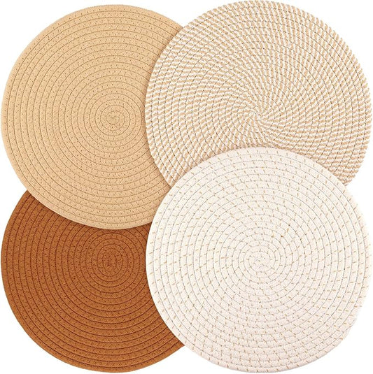 Billbotk Round Woven Placemats Set of 4, 13 Inches Kitchen Table Place Mats for Dining Table, Trivets for Hot Pots and Pans, Boho Table Setting Decor, Fall Decorations for Home
