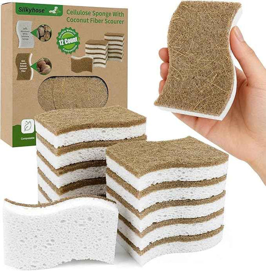 12 Pack Natural Kitchen Sponges, Biodegradable & Compostable | Non-Scratch Cellulose Coconut Fiber Sponges for Dishes, Pots & Pans | Eco-Friendly Cleaning Sponge