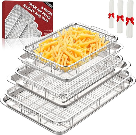 3 Set Air Fryer Basket, Air Fryer Pans and Tray for Oven with 90 PCS Parchment Papers, DEGOVIN Non-stick Stainless Steel Oven Air Fryer Basket and Tray-18.8" x 12.8" &14.88"×10.98"&12.8" x 8.9"