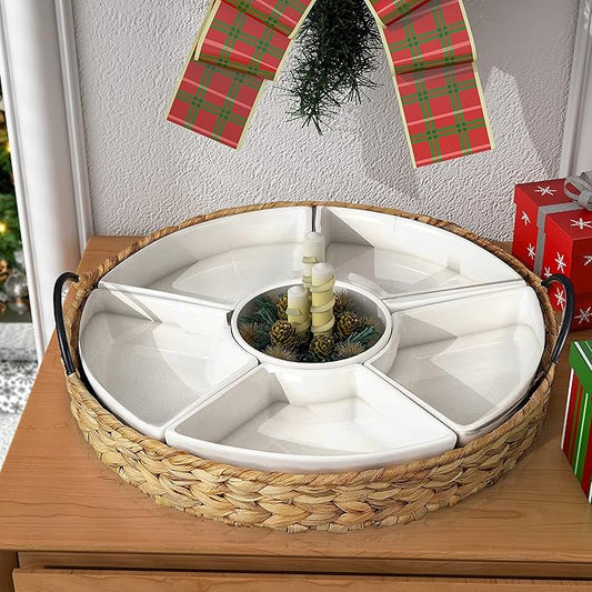 Ceramic Serving Tray, Food Tray 15.5 x 15.5 Inches,Divided Serving Platter with 6 Removable Dishes, Portable Handle Cattail Serving Bowls,Perfect for or Chips and Dip,Natural