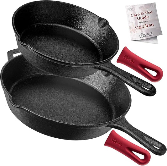 Cast Iron Skillet Set - 8" + 12"-Inch Frying Pan - Pre-Seasoned Oven Safe Cookware + 2 Heat-Resistant Handle Holder Grips - Indoor/Outdoor Use - Grill, Stovetop, Induction Safe. PFAS and PFOA-free