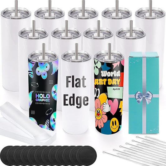 12 Pack Sublimation Tumblers 20 oz Bulk Blank Tumblers Skinny Straight Flat Bottom Cups White with Lid and Straw