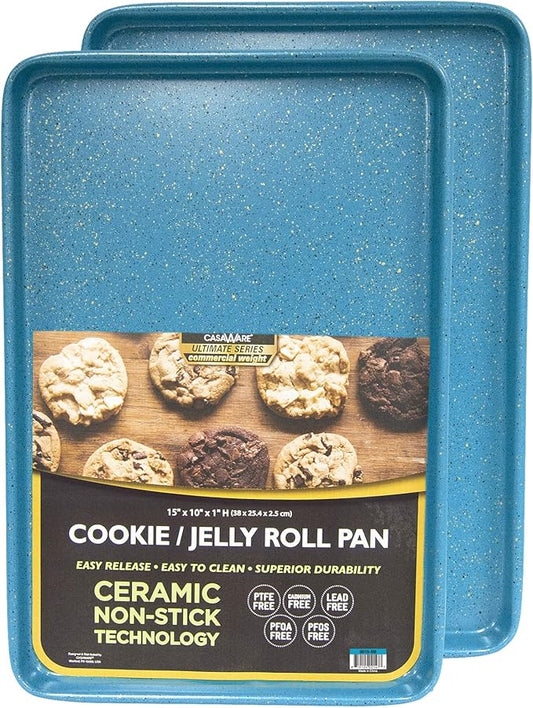 casaWare 2pc Ultimate Commercial Weight 15 x 10 x 1-Inch Cookie Sheet Set (Blue Granite)
