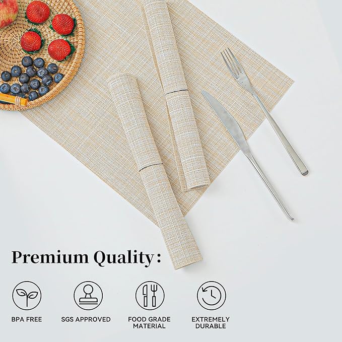 Leetaltree Beige Placemats Set of 4 - Heat Resistant Non-Slip Place mats for Dining Table, Washable Durable PVC Vinyl Woven Table Mats（Beige, 4）