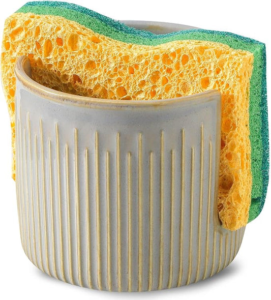Ceramic Sponge Holder for Kitchen Sink, Scrub Sponge Dish Rack, Farmhouse Compact Sink Caddy Organizer, Vintage Grey