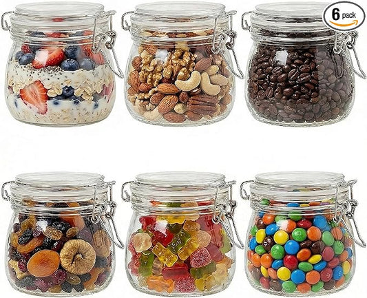 17oz Airtight Glass Jars, 6 Pack Clamp Lid Canisters, Small Food Storage Containers for Spices, Nuts, Snacks, Canning Jar for Jams & Pickling, Pantry Organization