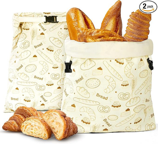 BuyCard Reusable Beeswax Bread Bags, 2-Pack Zipper Closure Cotton Bread Storage Bags for Homemade Loaf Freshness, for Baking Enthusiasts, Natural Cream with Gold Bread Pattern
