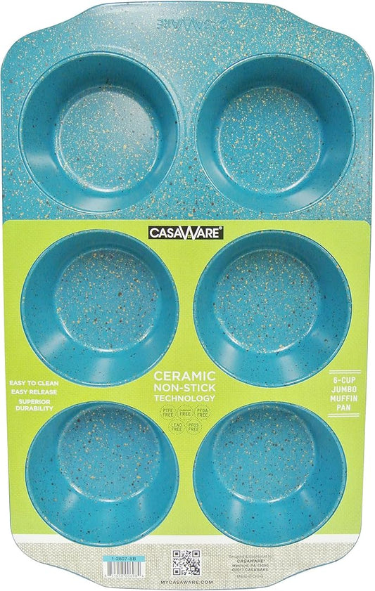 casaWare Jumbo Muffin Pan 6 Cup Ceramic Coated Non-Stick (Blue Granite)