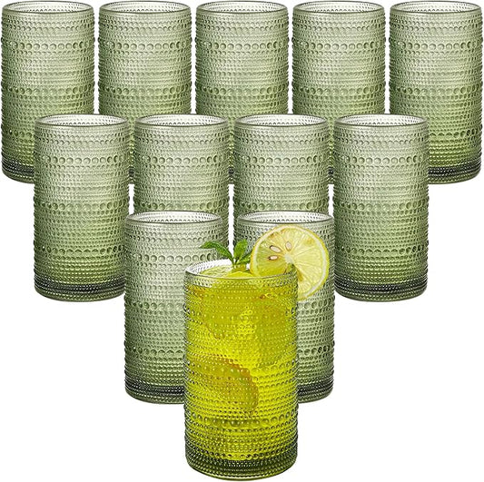 16oz Green Hobnail Drinking Glasses with Straws Set of 12, Highball Glasses Cups, Kitchen Water Glasses Cup, for Cocktail, Juice, Whiskey, Milk and Various Mixed Drinks
